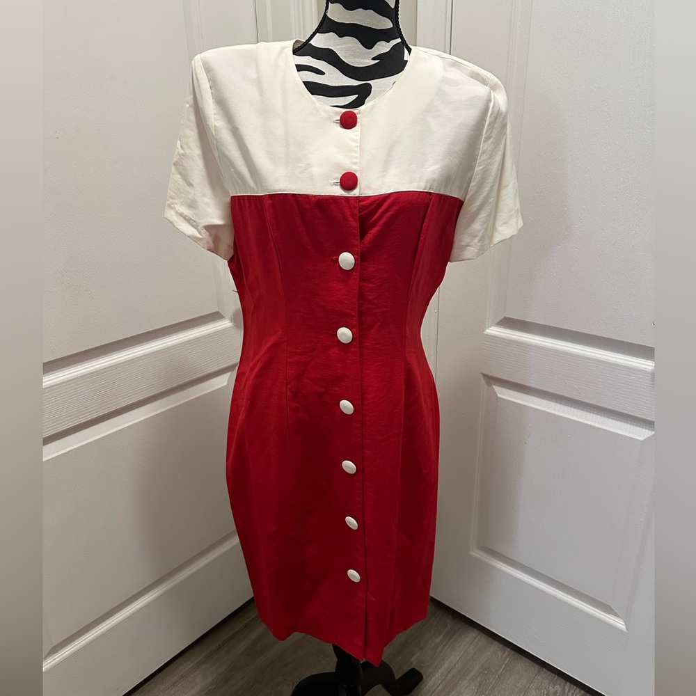 Vintage Mod Red And White Button Dress Size M - image 1